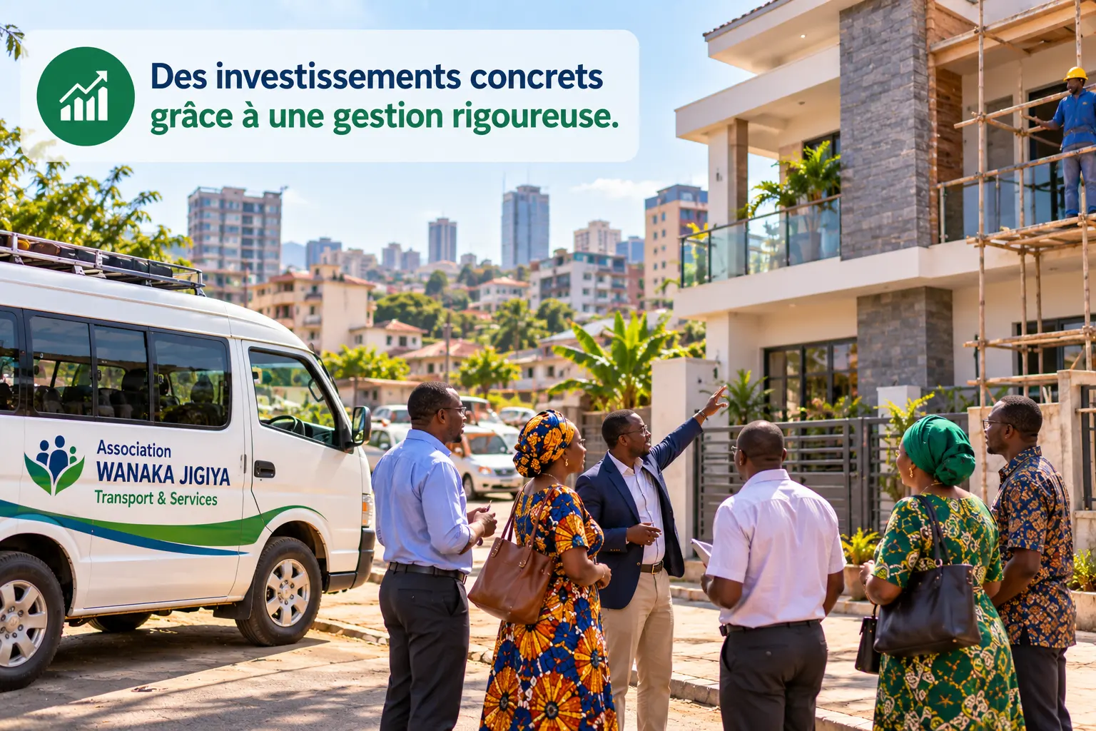 Des membres d'une association visitent leur immeuble en construction, à côté du minibus de l'association