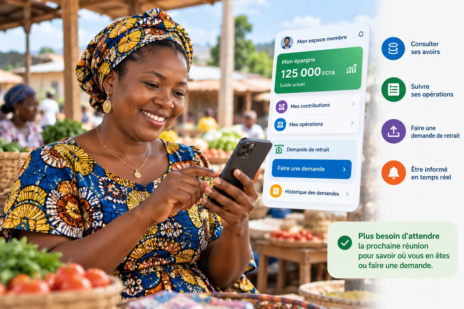 Une commerçante consulte son épargne sur son téléphone, à son étal du marché